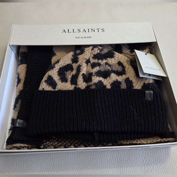 All Saints Accessories - ALLSAINTS Wool Blended Leopard Print Beanie & Scarf Gift Box